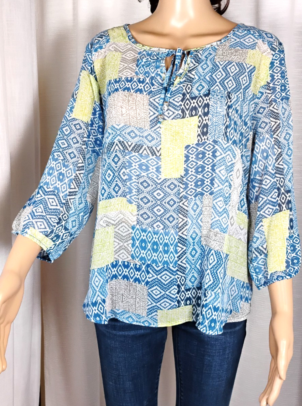 Lark Lane Petite Sheer Chiffon Blouse Geometric Patchwork Boho 10P